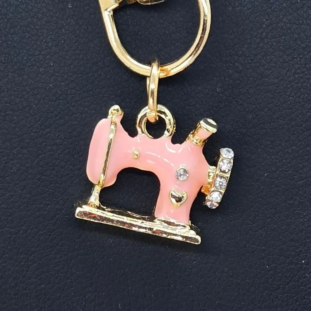 Sewing Machine Keychain | Gold Tone Pink Enamel & Rhinestone Clip NWT Retro Chic